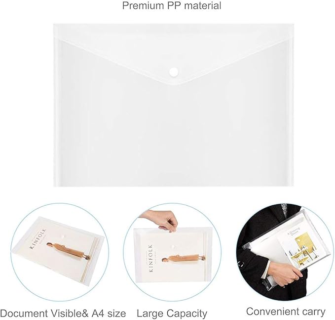 40pcs Plastic Envelopes with Button Snap Closure, Clear Poly Folders for Documents, Letter Size, A4 Size, for School and Office Supplies