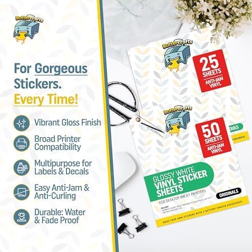 Premium Printable Vinyl Sticker Paper for Inkjet Printer 25 Sheets, 8.5"x11" - Glossy Sticker Paper Waterproof, Weatherproof - White Vinyl Sticker Sheets - Strong Adhesive, Laser Labels & Decals