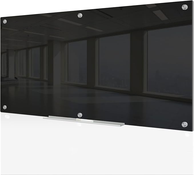 J&J worldwide Black Glass Whiteboard Magnetic Dry Erase Board 6' x 3', Large Frameless Glass White Board Wall Mounting for Office, Home, School, Includes Magnets, Marker Tray, Eraser