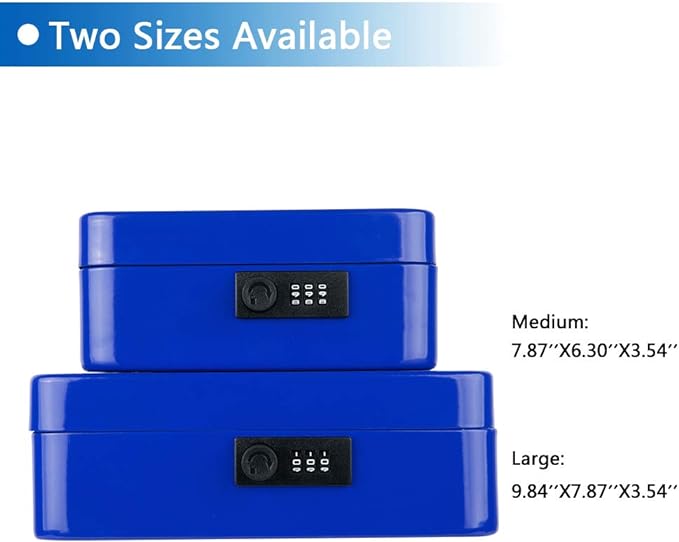 KYODOLED Large Cash Box with Combination Lock,Safe Metal Box for Money, Storage Lock Box with Money Tray,9.84"x 7.87"x 3.54" Blue Large