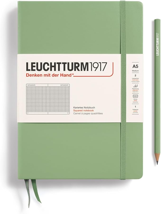 LEUCHTTURM1917 - Notebook Hardcover Medium A5-251 Numbered Pages for Writing and Journaling (Sage, Squared)