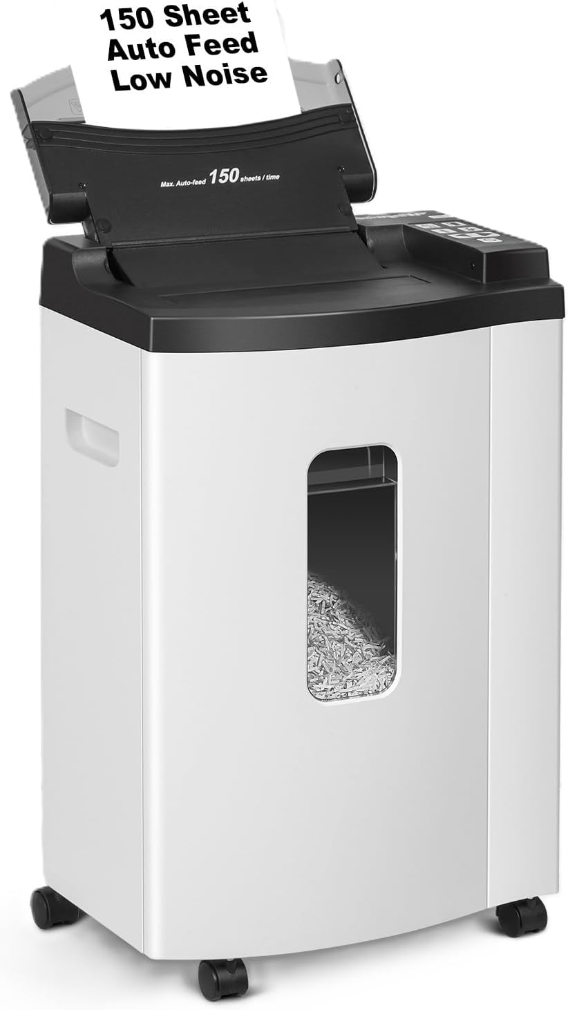 150 Sheet Auto-Feed Paper Shredder, Micro Cut P-5 Super High Security (5/64 x 19/32 inches), Large 6-Gallon Bin, 20 Mins Continuous Run, 55dB Ultra-Quiet for Home Office Use, White