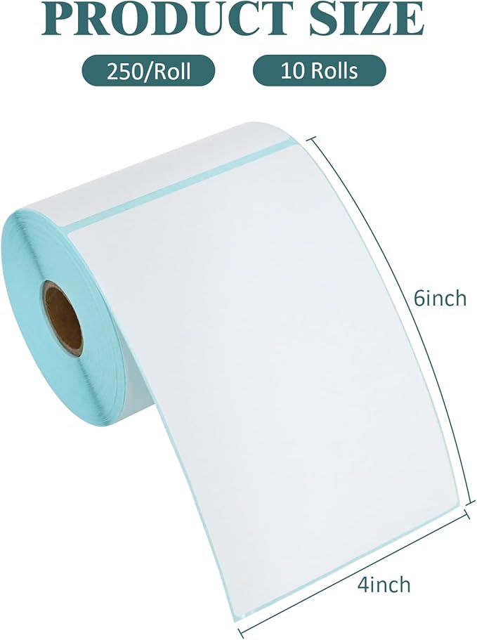L LIKED 10 Rolls 4" x 6" Thermal Labels with 250 Labels/Roll - Compatible with Zebra & Rollo Printer Blank Direct Thermal Shipping Labels