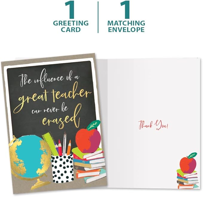 Tree-Free Greetings Teacher Appreciation Cards - Artful Designs - 1 Card + Matching Envelopes - Made in USA - 100% Recycled Paper - 5"x7" - Lighthearted, For Teacher, Never Be Erased (GO64415)