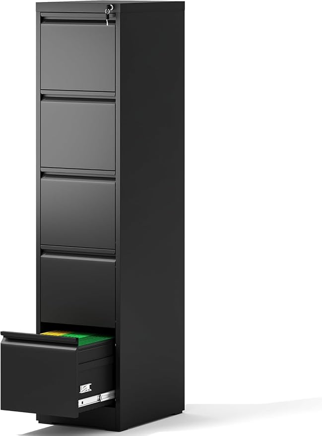 5 Drawer File Cabinet with Lock, Vertical File Cabinet with Lock, Locking File Cabinet Hanging Files for A4/ Legal/Letter, Require Assembly, Black