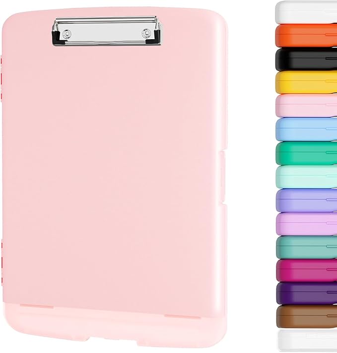 Piasoenc Clipboard with Storage, 8.5 x 11 Organization Box with Pen Holder and A4 Legal Paper Folder, Heavy Duty Plastic, Folio & Side-Opening, Low Profile Clip for Nurses, Teachers, Pink