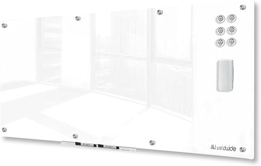 J&J worldwide Glass Whiteboard, Magnetic Brilliance White Glass Dry Erase Board 8' x 4', Includes Markers, Marker Tray, Eraser for Wall, Office, Home, School