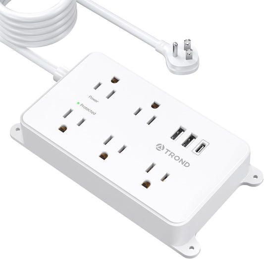 TROND Surge Protector Power Strip 15ft Extension Cord, ETL Listed, 5 Widely Spaced AC Outlets, 2 USB A and 1 USB C, 1300J, Flat Plug Power Strip, Wall Mountable, for Home Office, White
