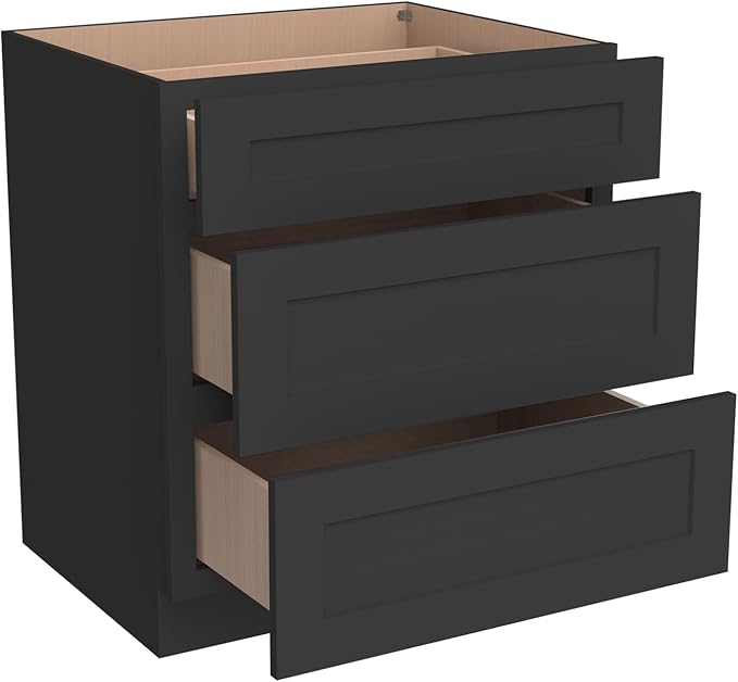 Shaker Style Charcoal Black RTA Solid Wood Base Cabinet with 3 Drawers and Soft Close Feature, 27" W x 24" D x 34.5" H, Perfect for Standalone Use or Kitchen Cabinet Combinations