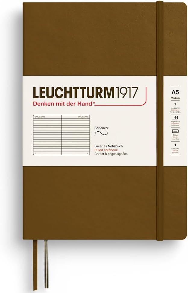 LEUCHTTURM1917 - Notebook Softcover Medium A5-123 Numbered Pages for Writing and Journaling - Thinking Ahead (Ruled Paper, Spice Brown)