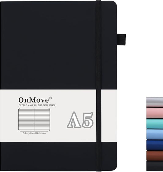 Lined Notebook Journal for Women Men 200 Pages A5 Hardcover Leather with Pen Holder College Ruled Journals for Work Note Taking Travel School Black