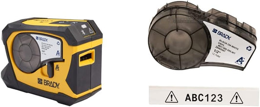 Brady M211 Portable Bluetooth Monochrome Label Printer & Authentic (M21-500-595-WT) All-Weather Vinyl Label for Indoor/Outdoor ID, Lab and Equipment Labeling, Black on White .5" W 21' L