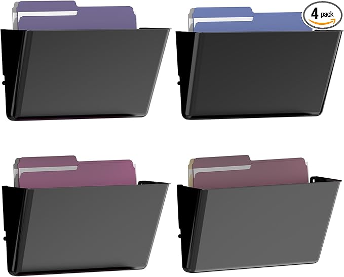 4 Pack Clear Acrylic Single Pocket, Plastic Hanging Wall Mount File Holder for Office Home, Black