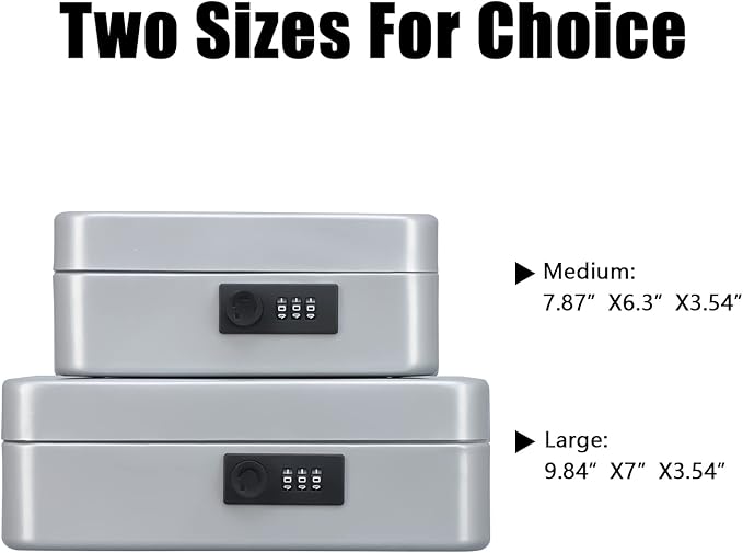 KYODOLED Large Cash Box with Combination Lock,Safe Metal Box for Money, Storage Lock Box with Money Tray,9.84"x 7"x 3.54" Lightgrey Large