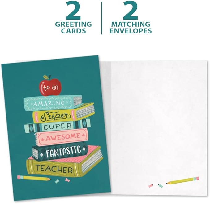 Tree-Free Greetings Teacher Appreciation Cards - Artful Designs - 2 Cards + Matching Envelopes - Made in USA - 100% Recycled Paper - 5"x7" - Lighthearted,For Teacher,Awesome Fantastic Teacher (GT64446)
