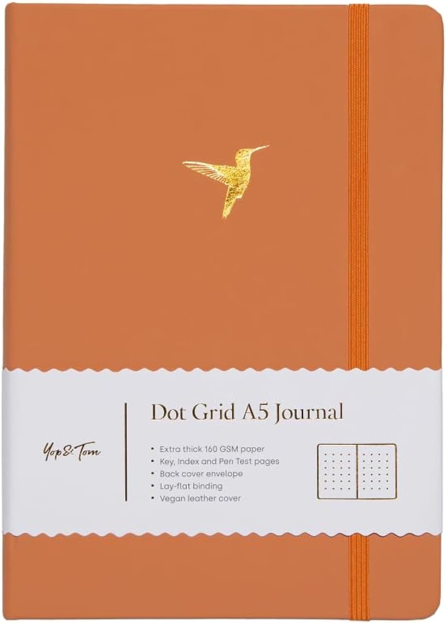 Yop & Tom Bullet Dotted Journal (A5) - Hummingbird - Dot Grid Notebook With Extra Thick Paper (160 GSM) - Burnt Orange