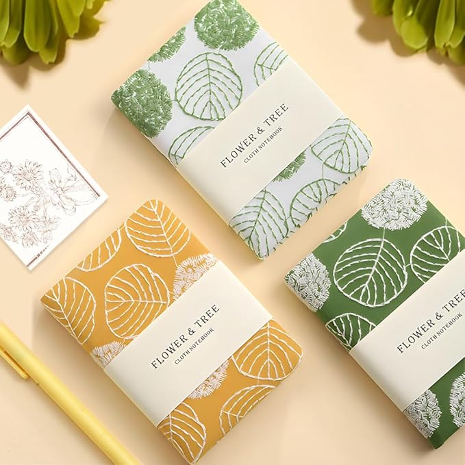 A6 Notebook, Pocket Journal, Embroidered Journal for Girl, Small Fabric Notebook, Lay Flat Hardcover Journal, 4x6 Lined Notebook & Sketchbook, Cute Diary, Writing Journal for Women, Yellow