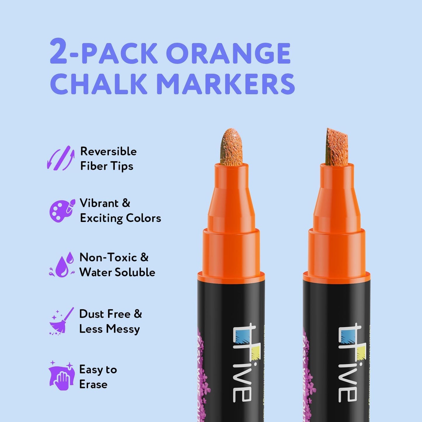 TFIVE Orange Liquid Chalk Markers - 2 Pack Bright Colors Erasable Chalk Marker Pens, Reversible Tip, Non-Toxic, for Chalkboards, Signs, Glass, Easy to use Chalk markers TF800