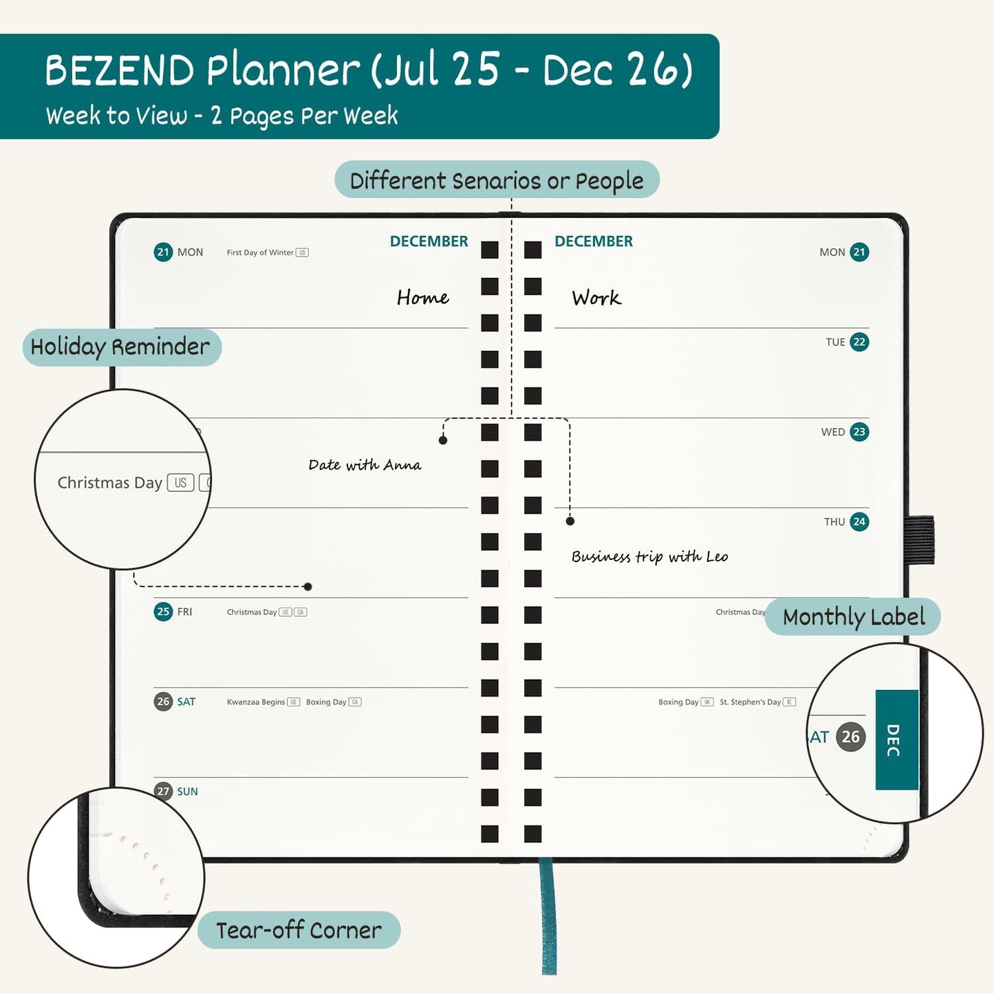 BEZEND Pocket Planner 2025-2026 Weekly with 2 Columns, 18-Month Academic Calendar (Jul 25-Dec 26), Life Work App., Storage Pocket, Pen Holder, PU Leather Softcover 3.5" x 6" Spiral - Fruit Green