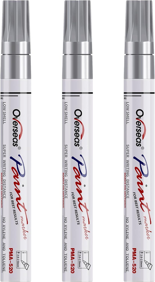 Overseas Permanent Paint Markers Pens - 3 Pack Silver Oil Based Paint Pens, Medium Tip, Quick Drying and Waterproof Marker Pen for Metal, Rock, Wood, Fabric, Plastic, Canvas, Mugs, Stone, Glass