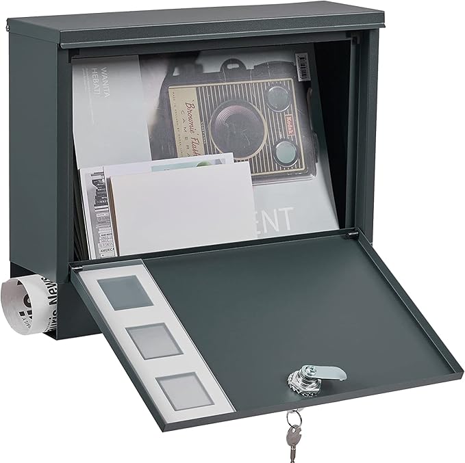 LAND·VOI Locking Mailbox Wall Mounted, Metal Postbox with Three Sets of Mail Box Number Stickers, 4 Keys, 14.4" x 4.5" x 11.2", Large Capacity, Anthracite Gray AMB11G