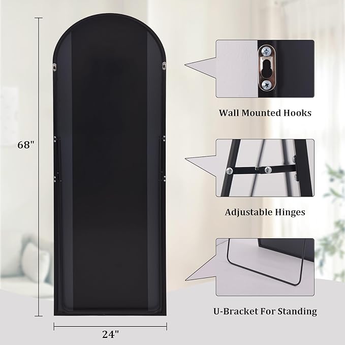 HARRITPURE Arch Floor & Full Length Mirrors - 68" x 24" Body Length Mirror Big Mirror for Bedroom Standing/Hanging/Leaning Wall-Mounted Black