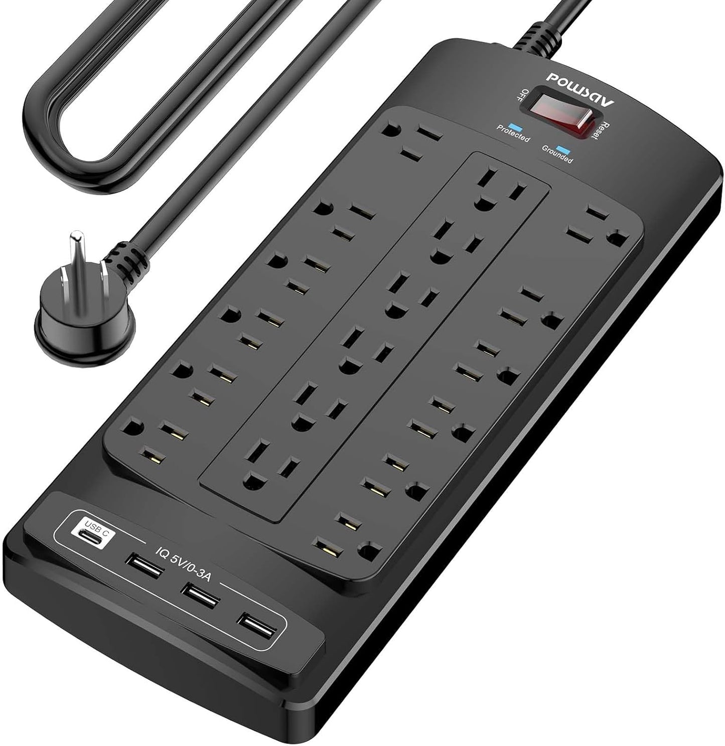 18 Outlets Surge Protector Power Strip - 15 Feet Flat Plug Heavy Duty Extension Cord with 18 Widely Outlets and 4 USB Ports, 2100 Joules, Black, ETL Listed