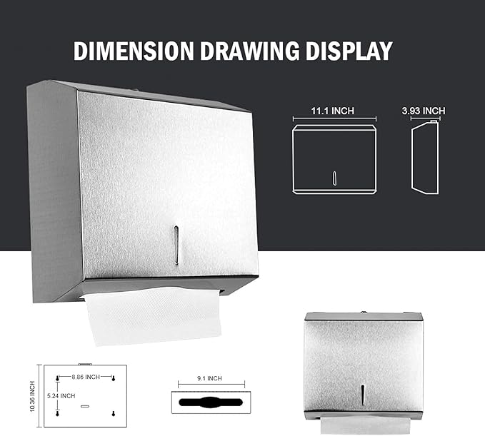 Wall-Mounted Comercial Paper Towel Dispenser, Brushed Stainless Steel Bathroom Hand Towel Dispenser with Lock Design, Large Capacity 250 C-Fold 300 Multi-Fold Capacity