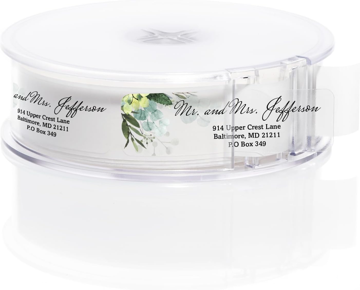 Clear Floral Greenery Rolled Address Labels / 500 Personalized Return Address Labels/Custom Address Stickers in Elegant Plastic Dispenser