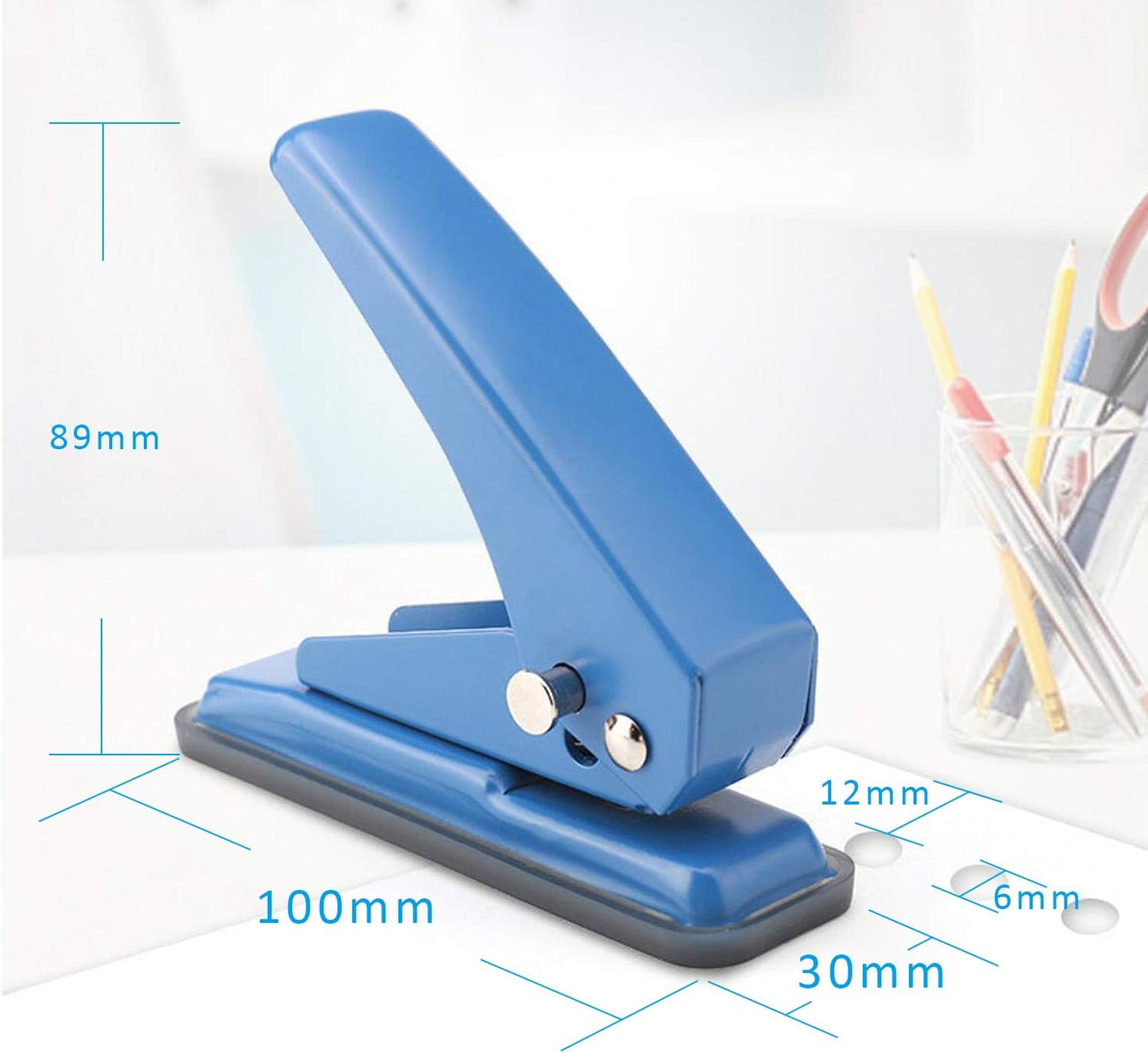 Single Hole Puncher Handheld 1/4 Inches Hole Punch, 20 Sheet Paper Punch Capacity Metal Hole Puncher with Skid-Resistant Base for Paper, Chipboard, Art Project, Blue
