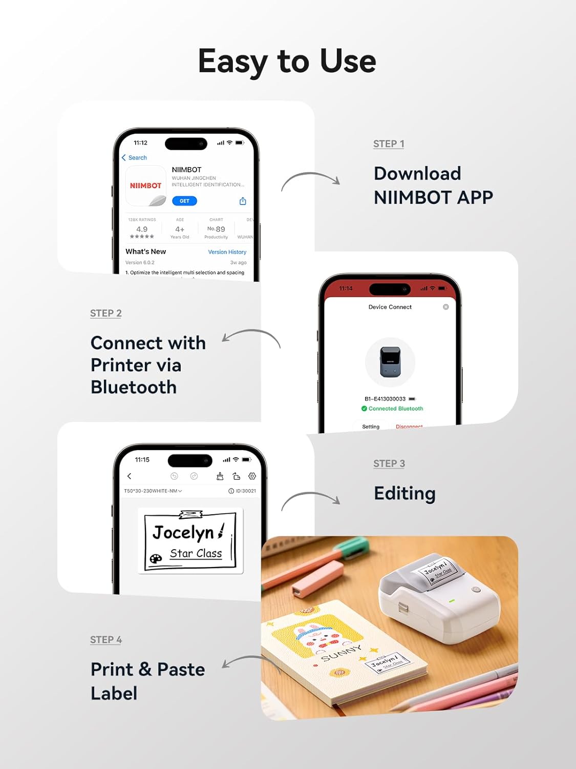 NIIMBOT B1 Bluetooth Label Maker Machine with Tape, Easy to Use, Large Waterproof Label, 2 Inch Portable Thermal Label Printer with Multiple Templates for Kitchen,Home, School, Small Business,Grey