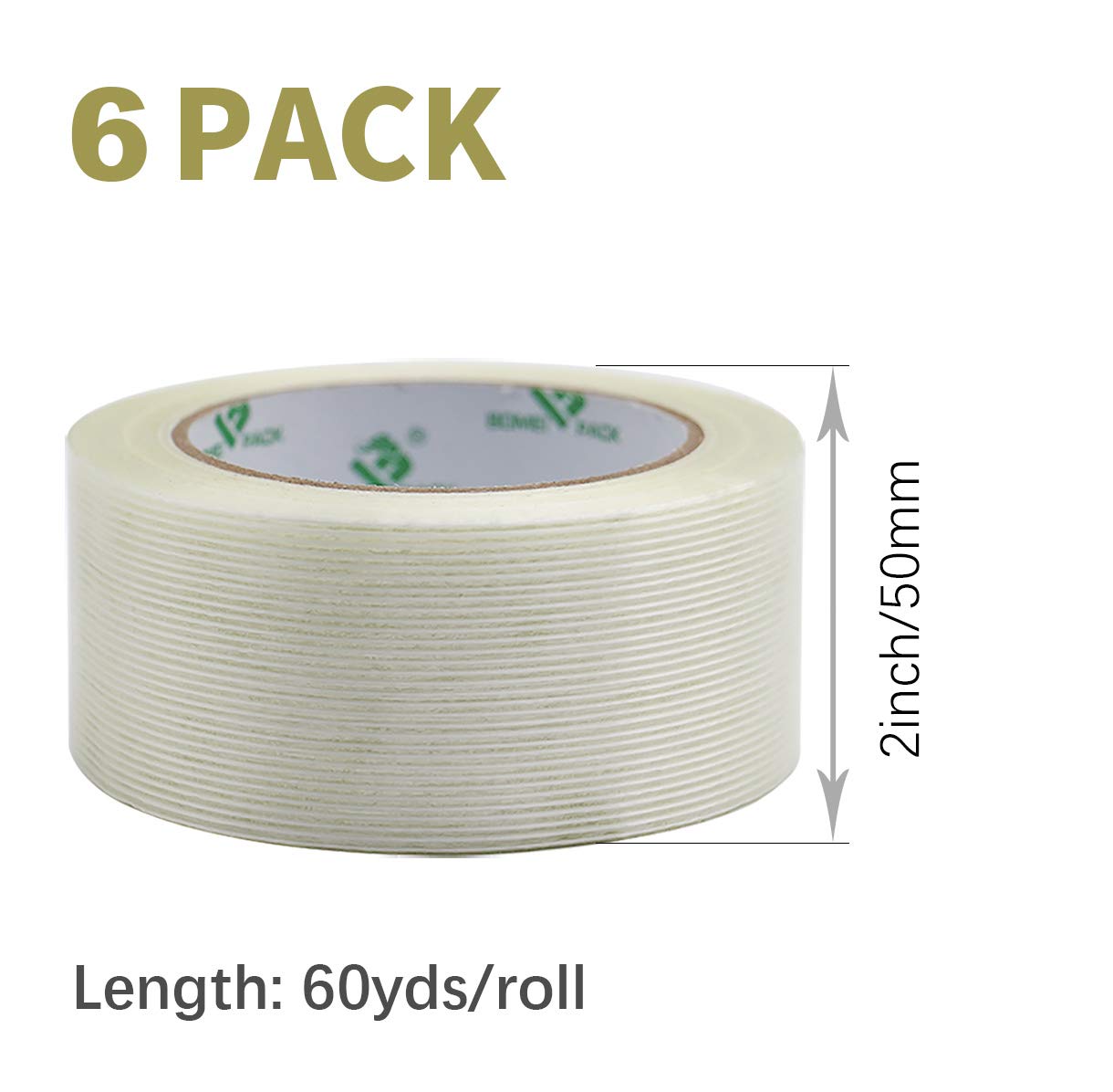BOMEI PACK 6PACK Reinforced Packing Tape, 5.5Mil 2Inx 60Yds, Heavy Duty Fiber Strapping Adhesive Packaging Tape