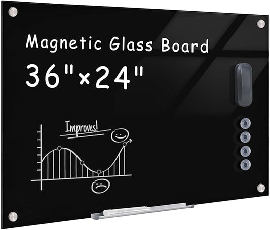 Magnetic Glass Whiteboard，36"x24" Wall Mounted Frameless Dry Erase Board for Office, Home & School Black