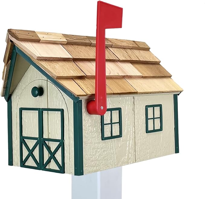 Peaceful Classics Amish Cedar Roof Wooden Mailbox with Window & Door Trim, Handcrafted Mailboxes for Outside, Post Mount Residential Mailboxes - (Beige & Green, Wood)