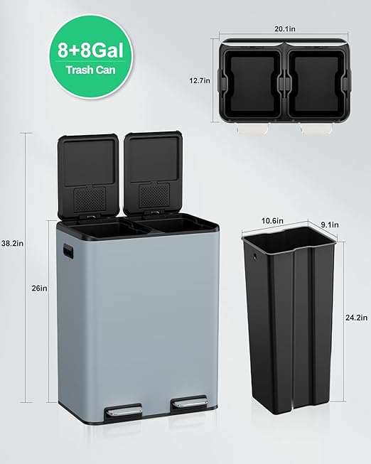 TLSUNNY Kitchen Dual Trash Can, 60L Hands-Free Stainless Steel Garbage Can, Classified Rubbish Bin with Double Compartments, Soft-Close Lid, Inner Bucket, Odor Control (60L) (Haze Blue)