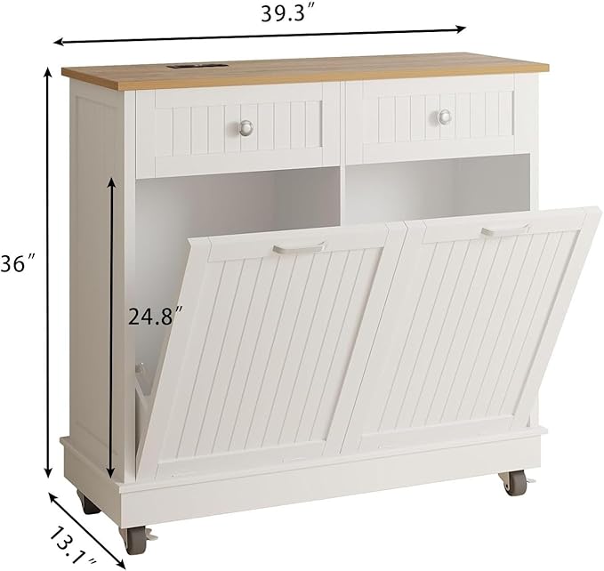 20 Gallon Tilt Out Trash Cabinet, Wooden Kitchen Trash Can Cabinet with Hideaway Drawer, Freestanding Laundry Hamper Garbage Recycling Cabinet on Wheels, Pet Proof, Double, White