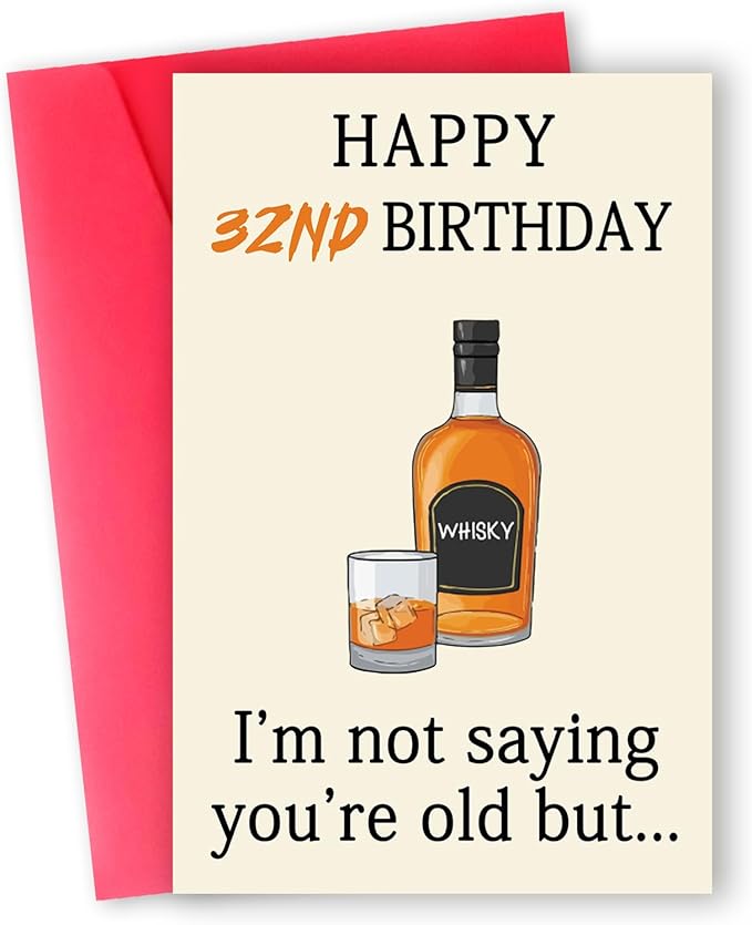 Happy 32nd Birthday Card, Funny 32nd Birthday Decorations for Her Him, Unique 32nd Birthday Gifts for Women Men, Whiskey 32 Year Old Birthday Gifts Decor Ideas