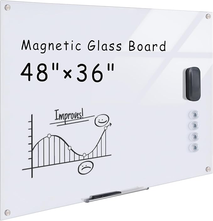 Magnetic Glass Whiteboard，48"x36" Wall Mounted Frameless Dry Erase Board for Office, Home & School Ultra White