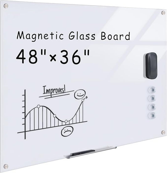 Magnetic Glass Whiteboard，48"x36" Wall Mounted Frameless Dry Erase Board for Office, Home & School Ultra White