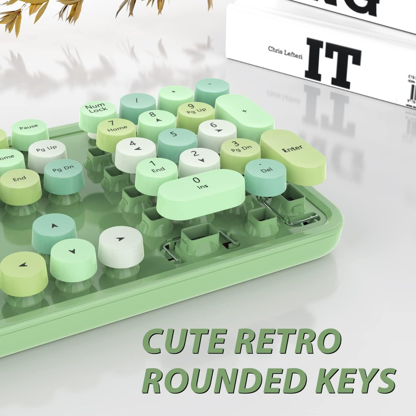 Wireless Keyboard and Mouse Combo, Cute Colorful 104-Key Typewriter Retro Round Keycaps Keyboard for PC Laptop,Windows,Desktop,Perfer for Home and Office Keyboards (Green)