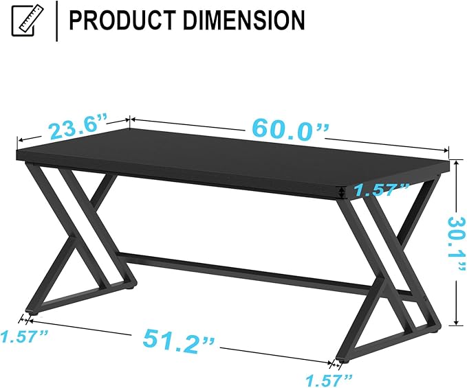 LVB Modern Black Computer Desk, Long Industrial Home Office Desk for Student, Large Metal Wood Writing Study Computer Table, Farmhouse Executive Simple Gaming PC Work Desk for Bedroom, Black, 60 Inch