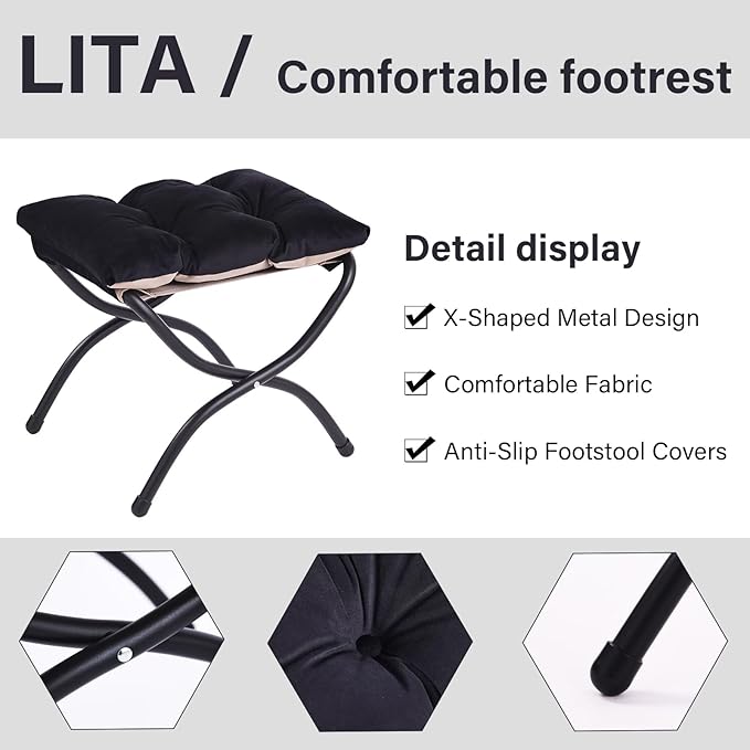 LITA 2 Pcs Folding Upholstered Footrest Stool, Modern Small Portable Accent Ottoman with Detachable Thick Cotton Cushion, Padded Sofa Stool with Metal Frame, Living Room & Bedroom,Velvet Black