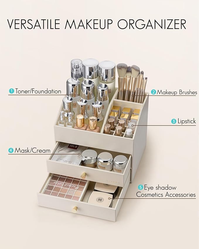 Vlando Makeup Organizer for Vanity,Large Capacity Countertop Organizer with Drawers, PU Leather Cosmetic Display Case for Lipstick,Brushes,Skincare,Bedroom Storage (Beige)