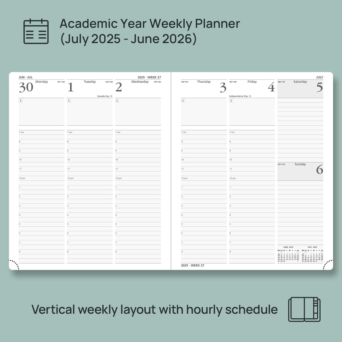 POPRUN Planner 2025-2026, (Large 8.5'' x 10.5'' Hard Cover) Academic Calendar (July 25-June 26) Daily Weekly and Monthly Appointment Book with Hourly Time Slots, Monthly Tabs, 100 GSM - Haze Blue