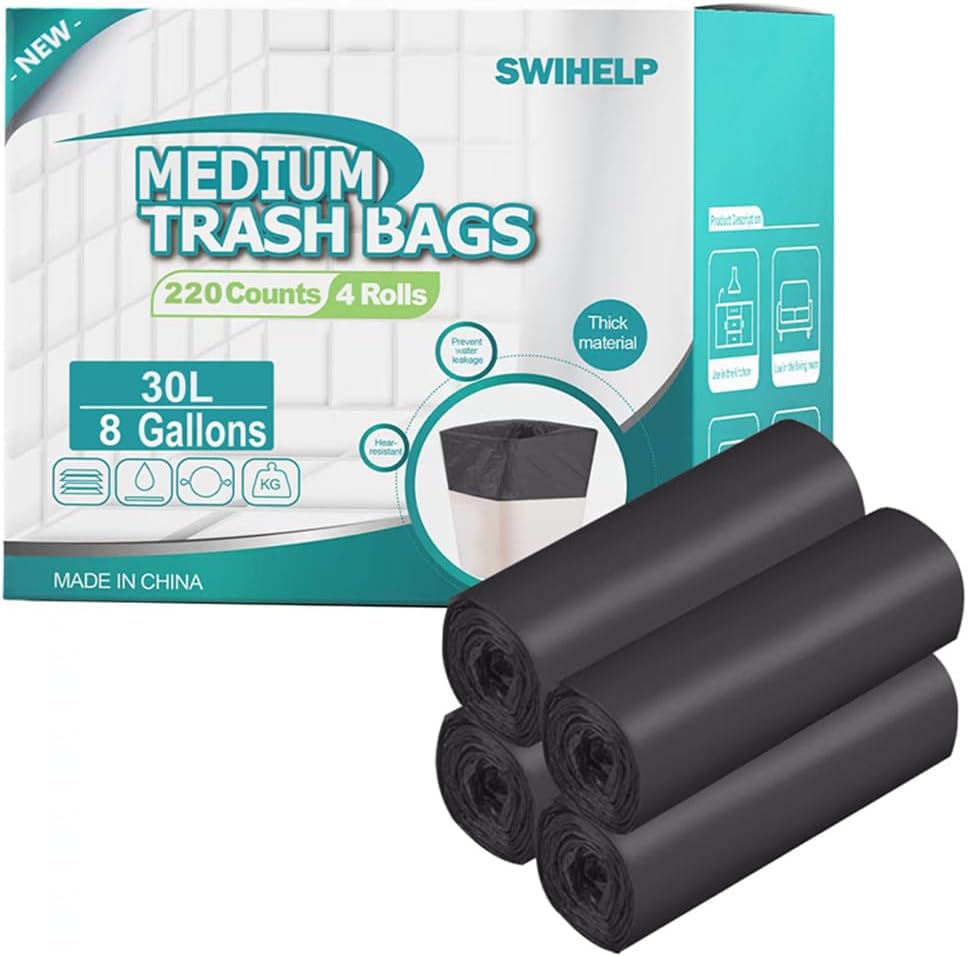 SWIHELP Medium Garbage Bags 8 Gallon /30 Liter Trash Bags Wastebasket Bin Liners Plastic Trash Bags for Bathroom Bedroom Office Trash Can 220 Count