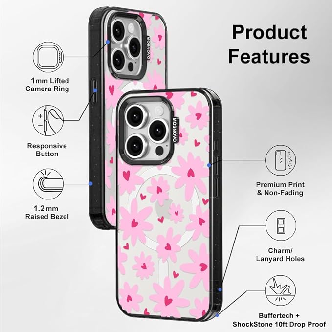 MOSNOVO Magnetic Case for iPhone 15 Pro, 10ft Military-Grade Protection, Compatible with Magsafe, Shockproof Phone Case for iPhone 15 Pro - Love in Bloom - Clear Black