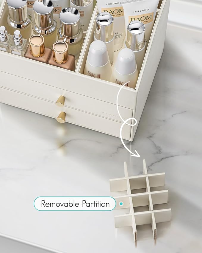 Vlando Makeup Organizer for Vanity,Large Capacity Countertop Organizer with Drawers, PU Leather Cosmetic Display Case for Lipstick,Brushes,Skincare,Bedroom Storage (Beige)