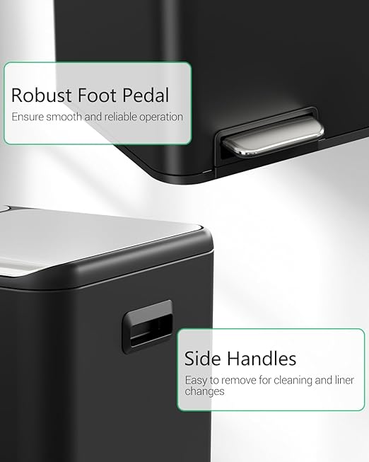 TLSUNNY Kitchen Dual Trash Can, 60L Hands-Free Stainless Steel Garbage Can, Classified Rubbish Bin with Double Compartments, Soft-Close Lid, Inner Bucket, Odor Control (60L) (Black)