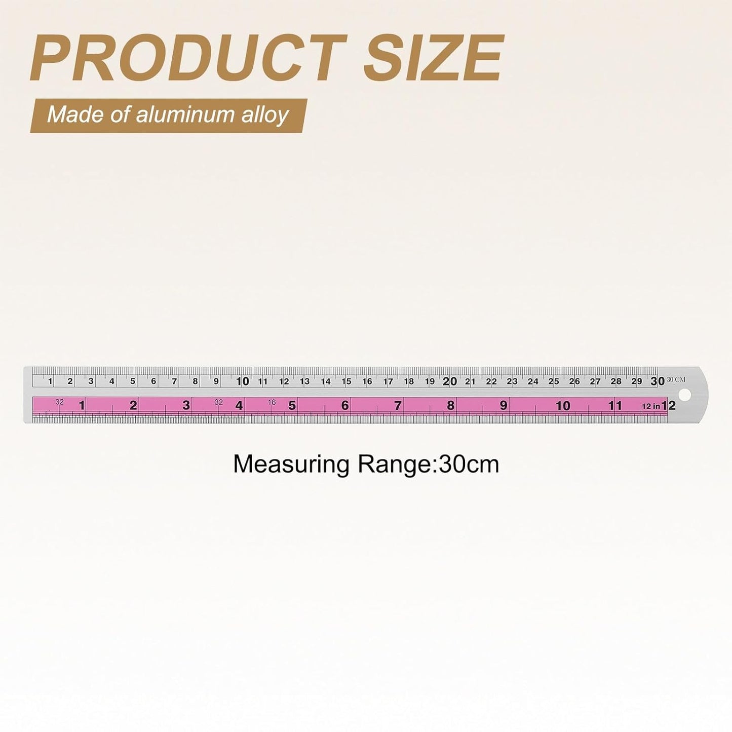 HARFINGTON 4pcs Metal Straight Ruler 30cm Metric SAE Aluminum Alloy Measuring Rulers Scale Tools with Hole for Measure Study Reading Classroom Office, Pink