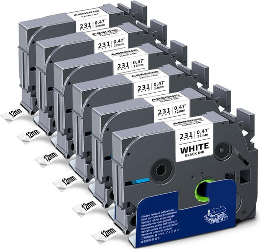 Absonic 12mm 0.47 Laminated White Tz-231 Tape Compatible for Brother Tze-231 Tze Tape 1/2 Inch Refills Work for P Touch Label Maker PTD220 PTD210 PTH110 PTP710 PT-610BT PTD400, Black on White, 6 Pack